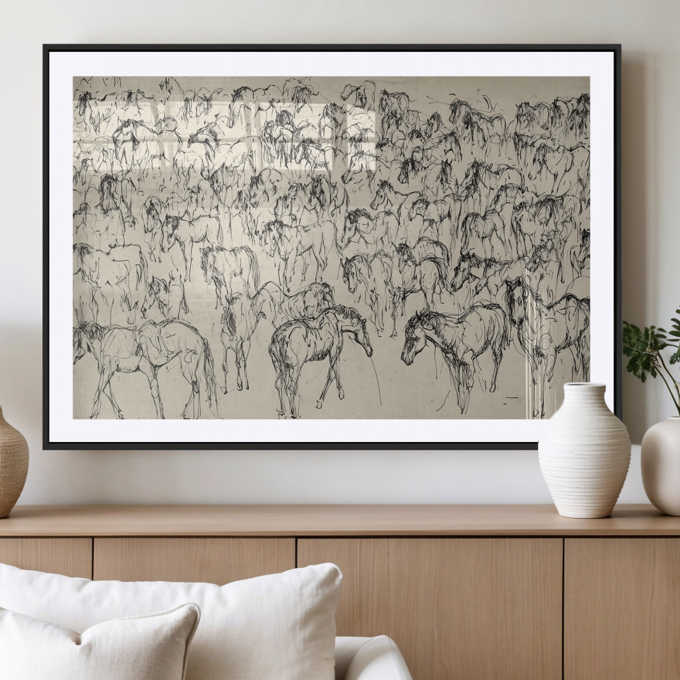 MGC-FP-36x24 - Wild Horse Stampede Wall Art Canvas Print – Monochrome Ink Brush Painting of Running Horses, Perfect