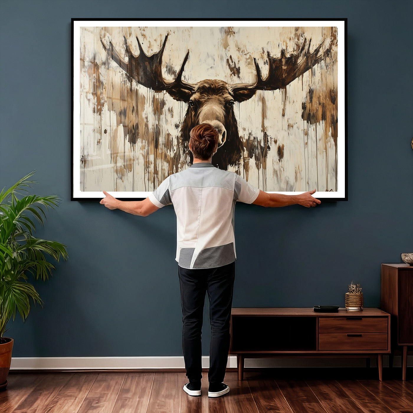 34496536-MGV-CV-36X24 - Powerful Moose Portrait Wall Art – Rich Earthy Tones, Expressive Brushstrokes, Striking Gaze, Raw Nature Vibes Decor for Home or Office