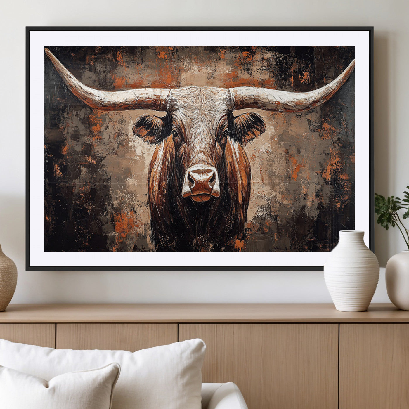 42732393-MGC-FP-40x30_Black-Rustic Longhorn Bull Wall Art Canvas Print – Vintage Western Cattle Painting, Texas Steer Artwork for Ranch, Farmhouse or Cowboy Decor