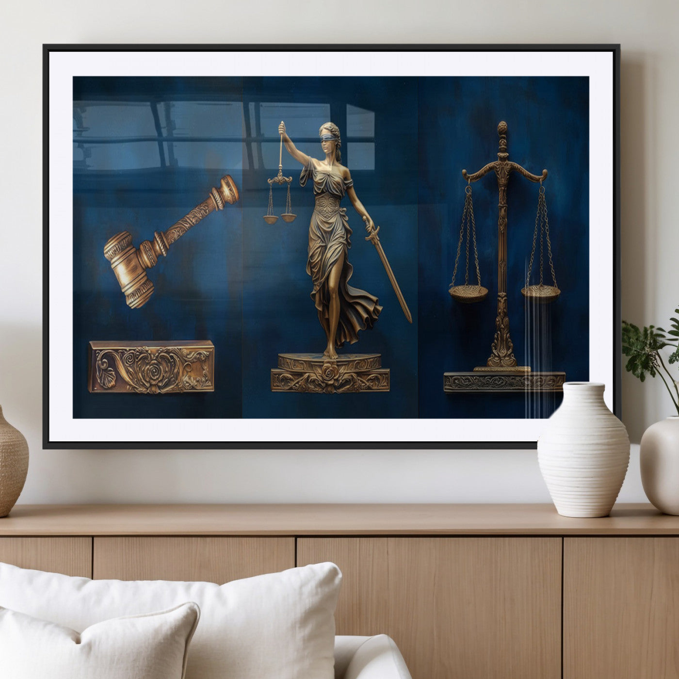 MGC-FP-36x24 - Lady Justice Wall Art Canvas Print – Elegant Gold Legal Symbols on Blue Background, Perfect for Law
