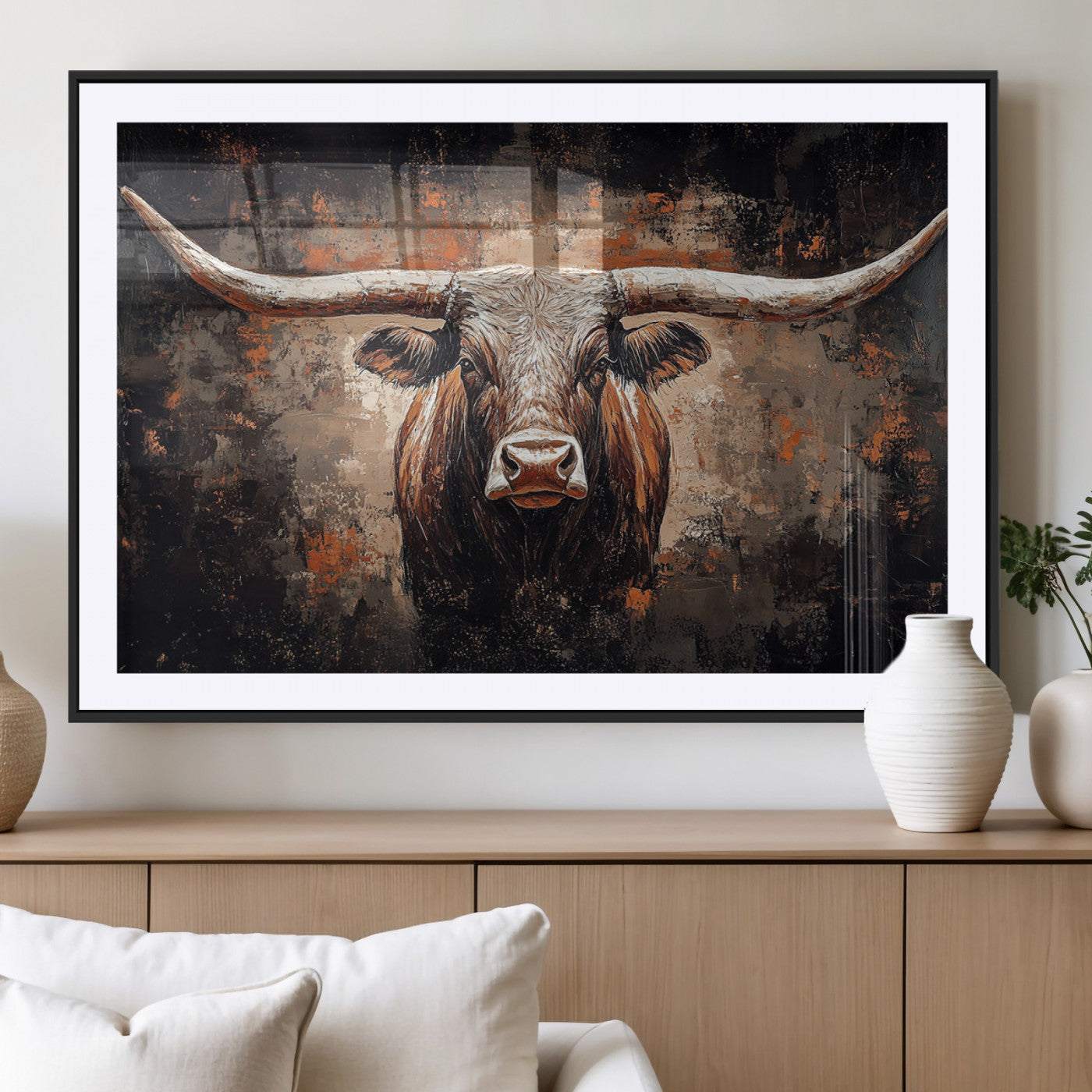 MGC-FP-36x24 - Rustic Longhorn Bull Wall Art Canvas Print – Vintage Western Cattle Painting, Texas Steer Artwork for Ranch, Farmhouse or Cowboy Decor