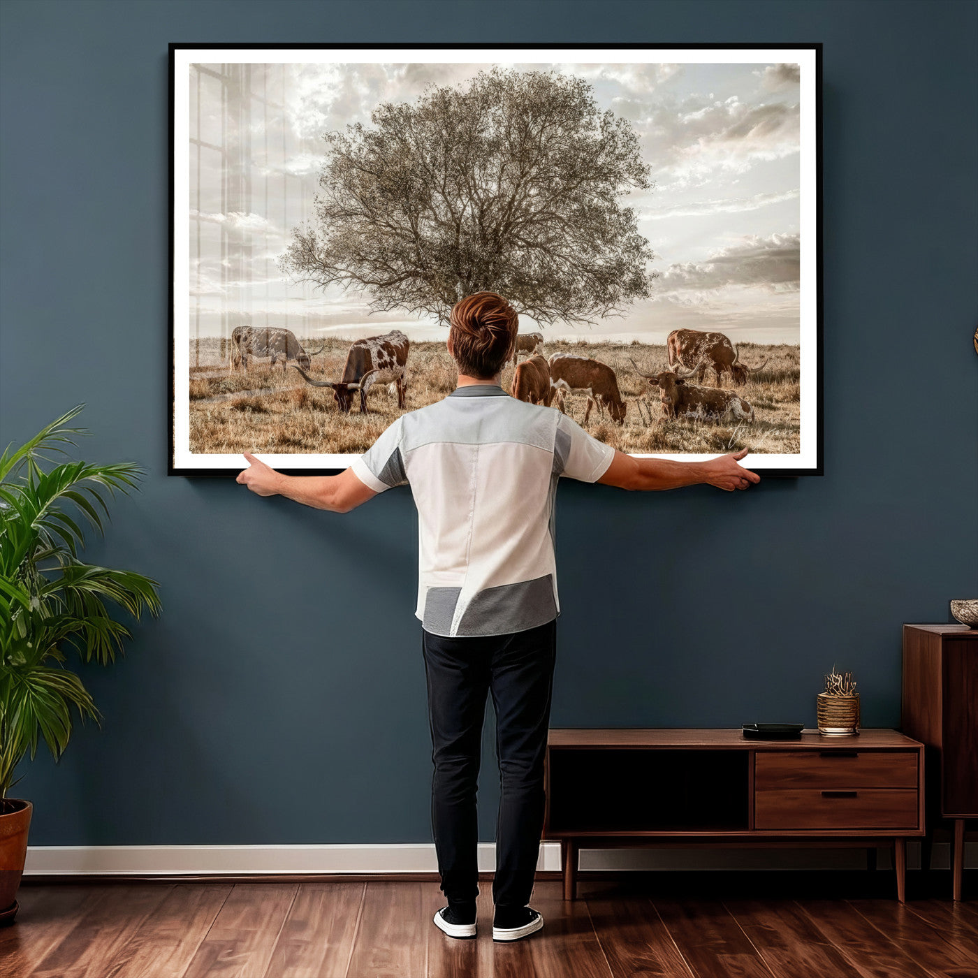 87590224-MGV-CV-36X24 - Texas Longhorn Cattle Wall Art Canvas Print – Rustic Western Ranch Scene with Steers at Sunset, Perfect for Farmhouse or Cowboy Decor