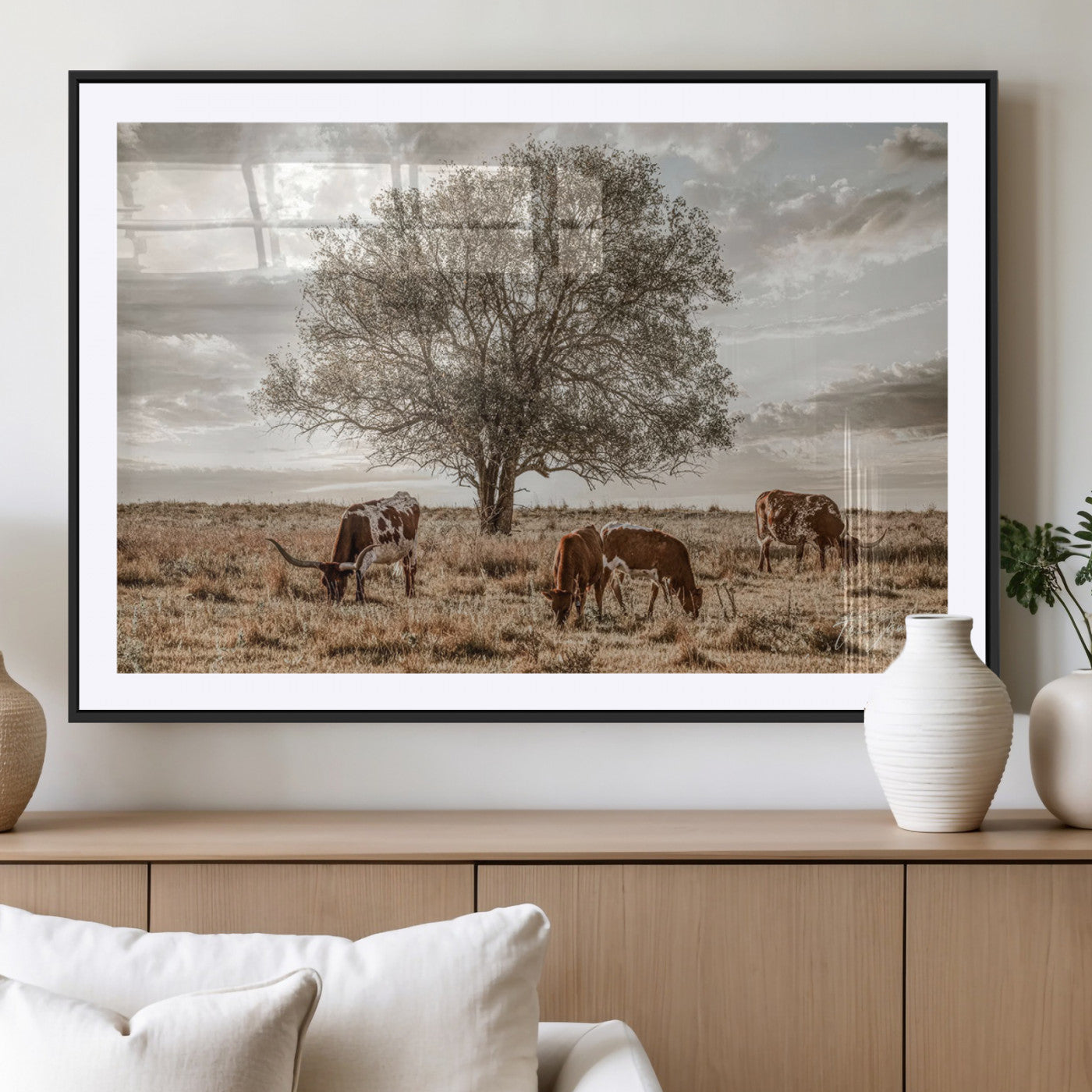 Texas Longhorn Cattle Wall Art Canvas Print – Rustic Western Ranch Scene with Steers at Sunset, Perfect for Farmhouse or Cowboy Decor