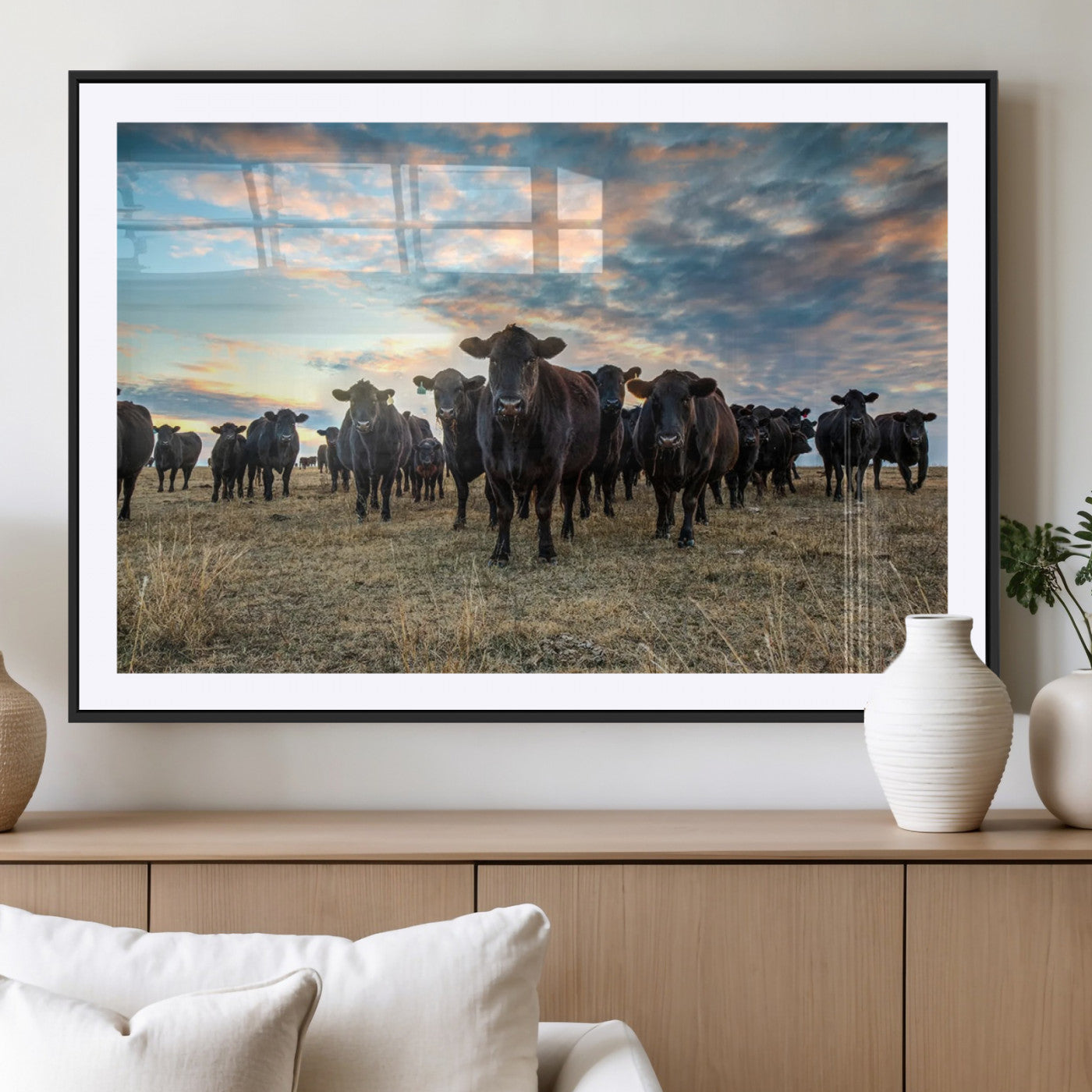 MGC-FP-36x24 - Texas Longhorn Cattle Wall Art Canvas Print – Rustic Western Ranch Scene with Steers at Sunset,