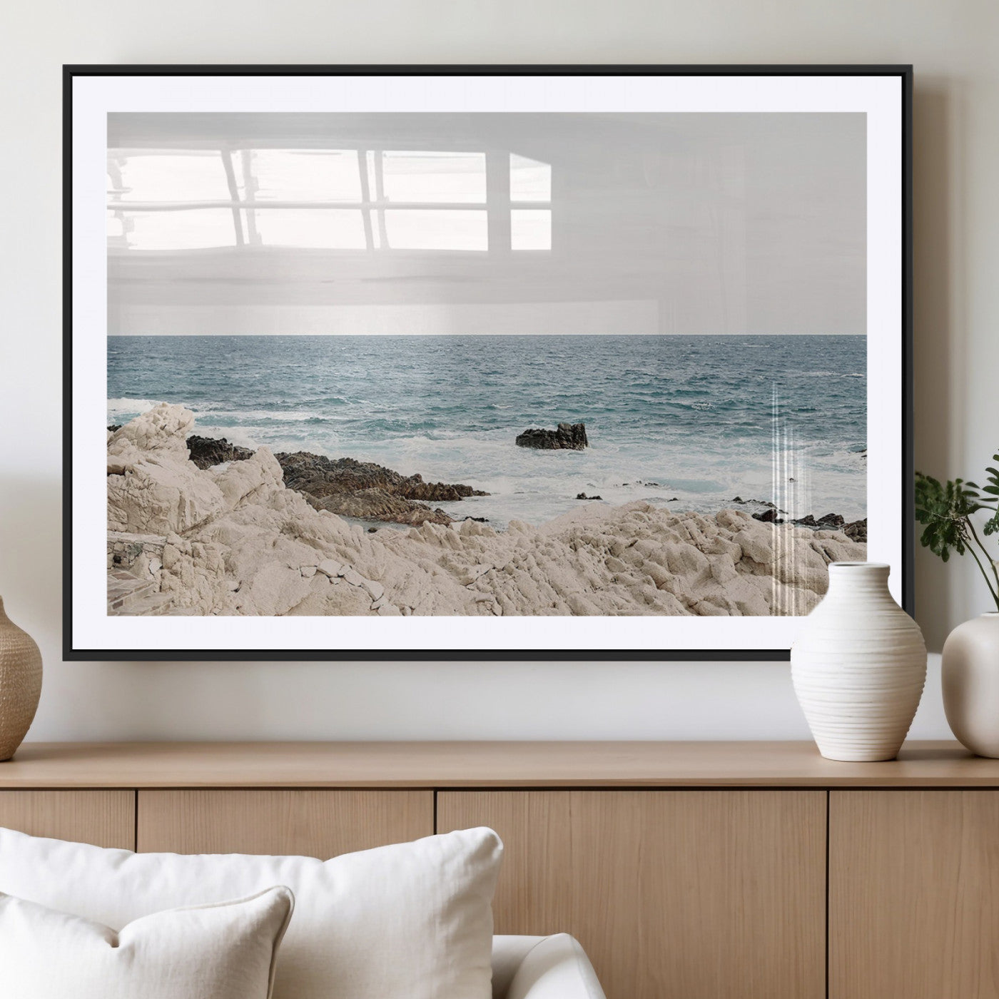 MGC-FP-36x24 - Coastal Ocean View Wall Art Canvas Print – Serene Rocky Shoreline and Blue Sea Photography for
