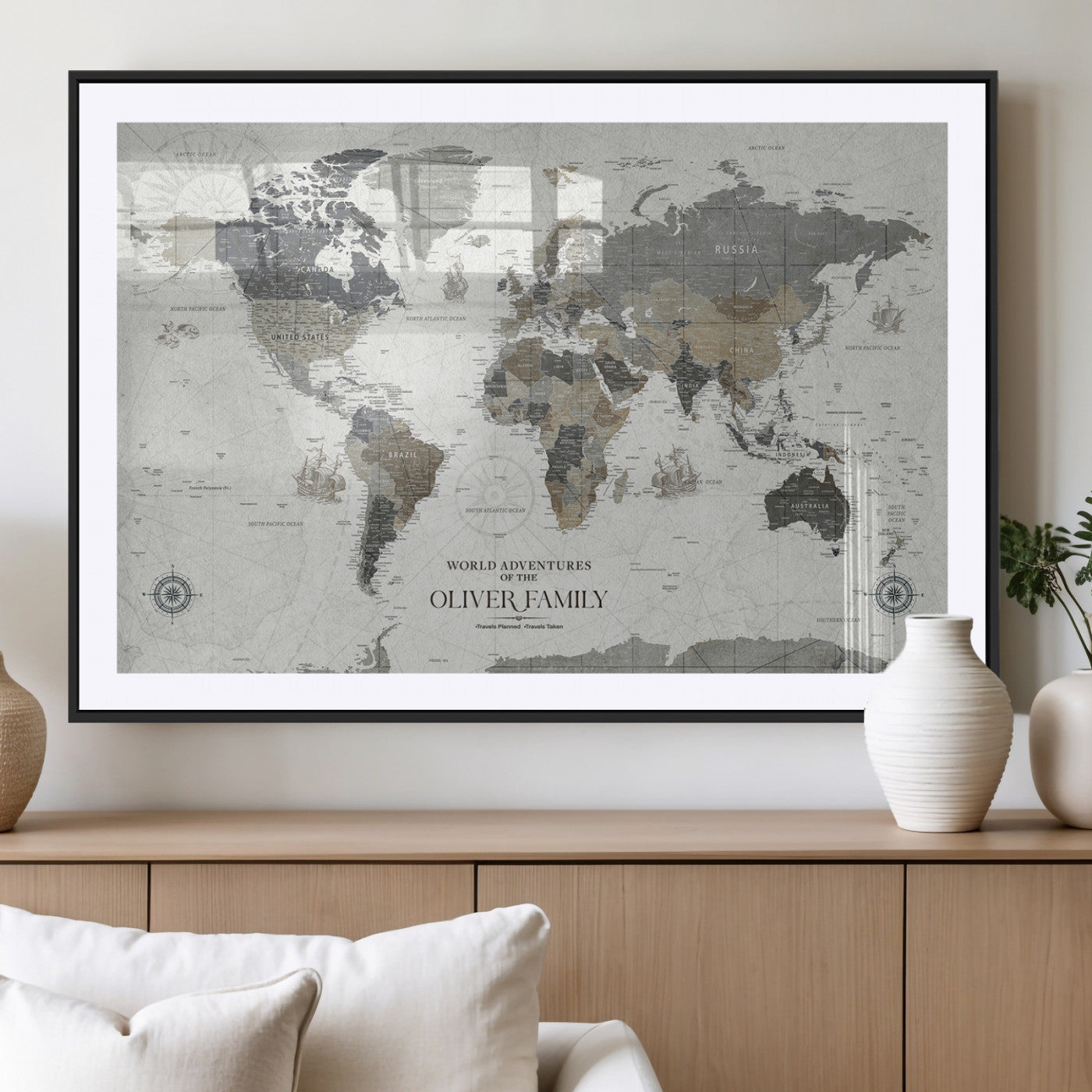 MGC-FP-36x24 - Custom Push Pin World Map Wall Canvas Print – Personalized Travel Tracker with Pins – Framed Large Multi-Size Canvas for Home Office Decor