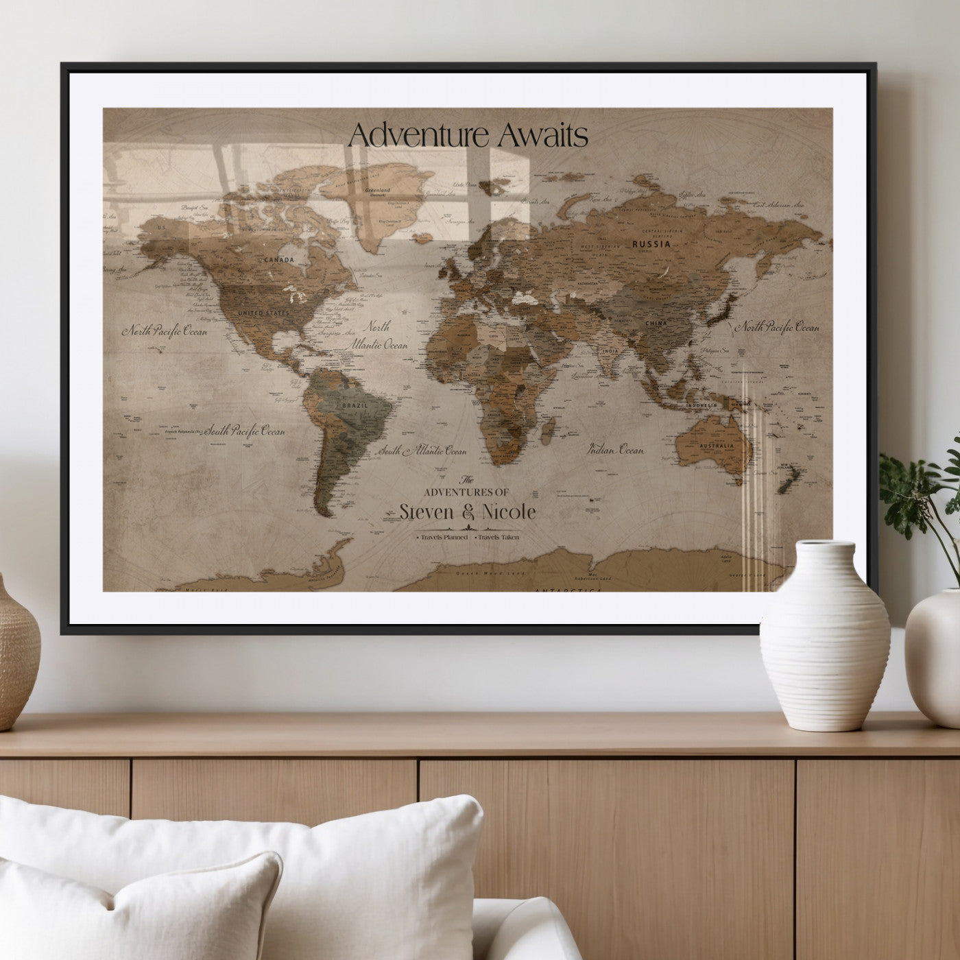 MGC-FP-36x24 - Custom Push Pin World Map Wall Canvas Print – Personalized Travel Tracker with Pins – Framed Custom Quotie Canvas for Home Office Decor