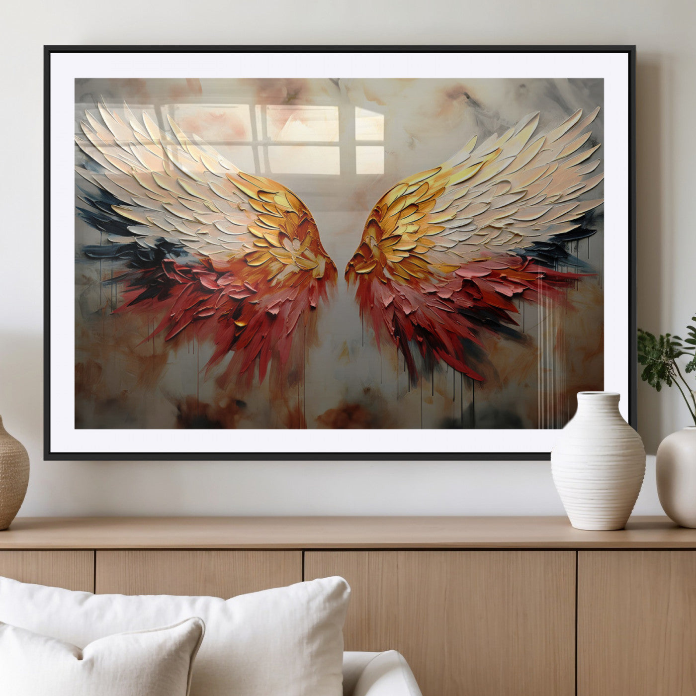 A stunning 3D-style painting of angel wings with vibrant gold, red, and black hues, creating a dramatic and striking visual effect.