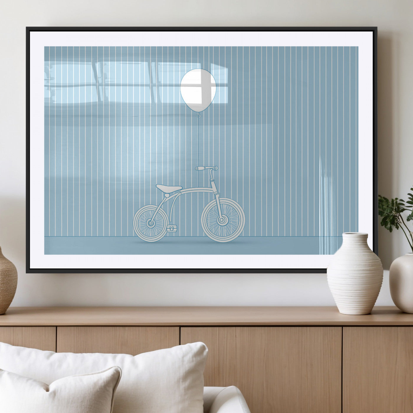 A minimalistic blue line drawing of a bicycle with a balloon floating above it, set against a soft striped background.