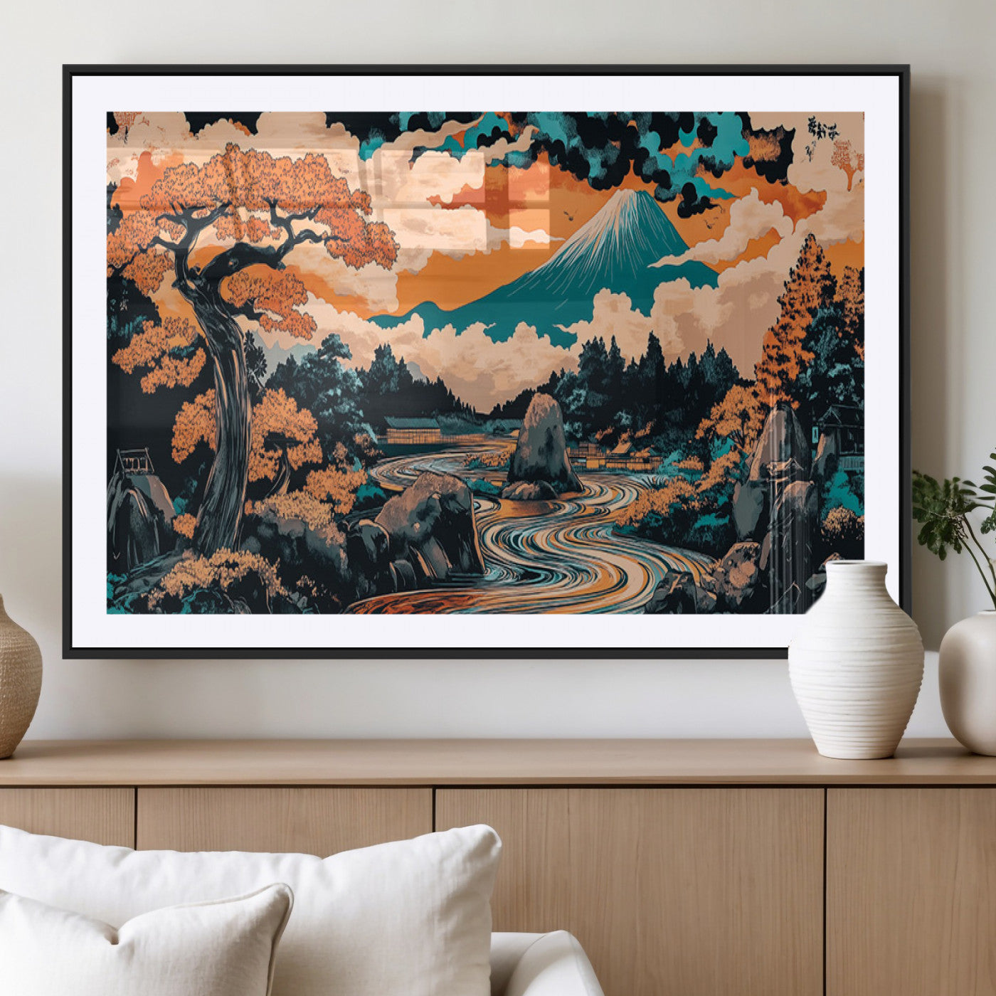A vibrant Japanese-inspired landscape featuring Mount Fuji, a winding river, and autumn-colored trees under a dramatic sky, in bold and vivid hues.