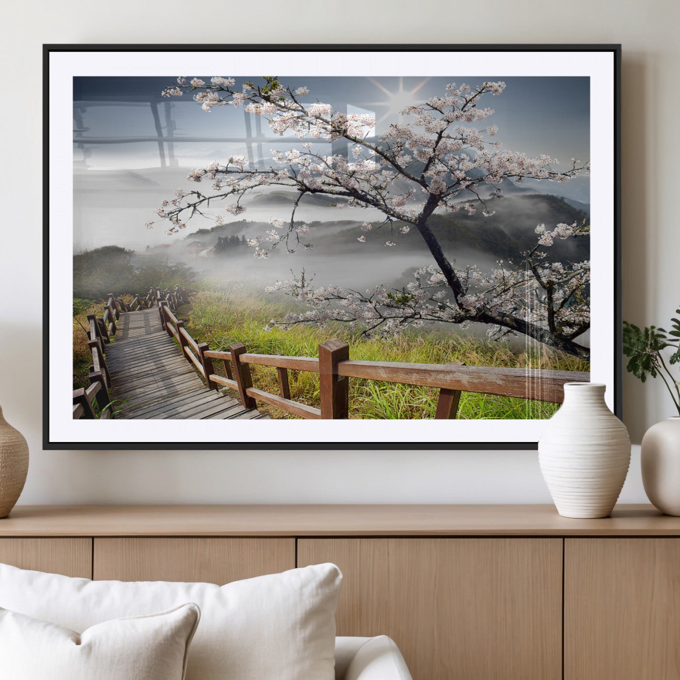 -Sakura Cherry Blossom Pathway Canvas Wall Art – Tranquil Walk Through Blossoming Nature – Ready to
