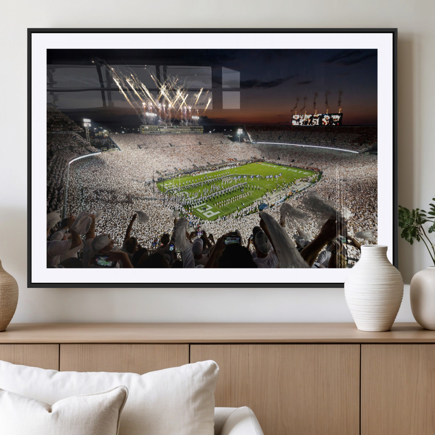 Penn State Stadium Wall Art Print, White Out Football Game Canvas Wall Art, Framed Sports Stadium, Large College Football Canvas Print for Game Room - Man Cave + 555