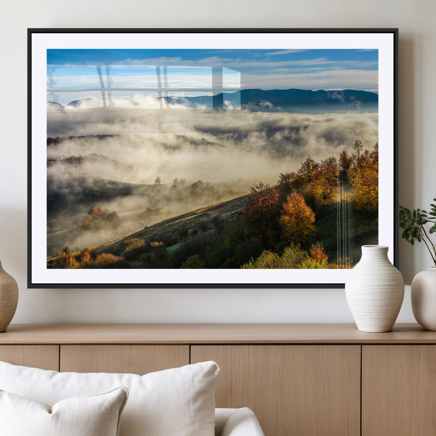 21551192-MGC-FP-40x30_Black-Misty Autumn Hills Canvas Wall Art, Foggy Forest Landscape, Fall Foliage Beauty, Serene Mountain View, Cozy Home Decor, Office Tranquility, Nature Calm Print