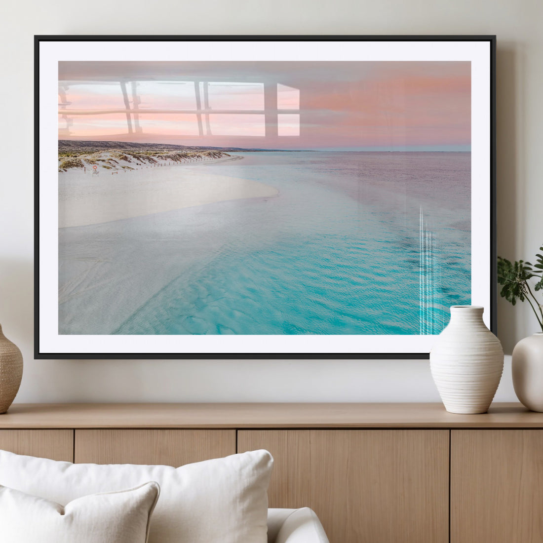 Serene Pastel Beach Wall Art Canvas Print, Tranquil Coastal Sunset with Soft Ocean Hues