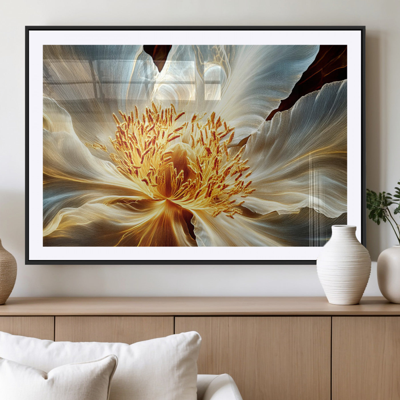 "Close-up of a glowing, abstract flower with delicate white petals and vibrant golden-yellow stamen against a dark background."