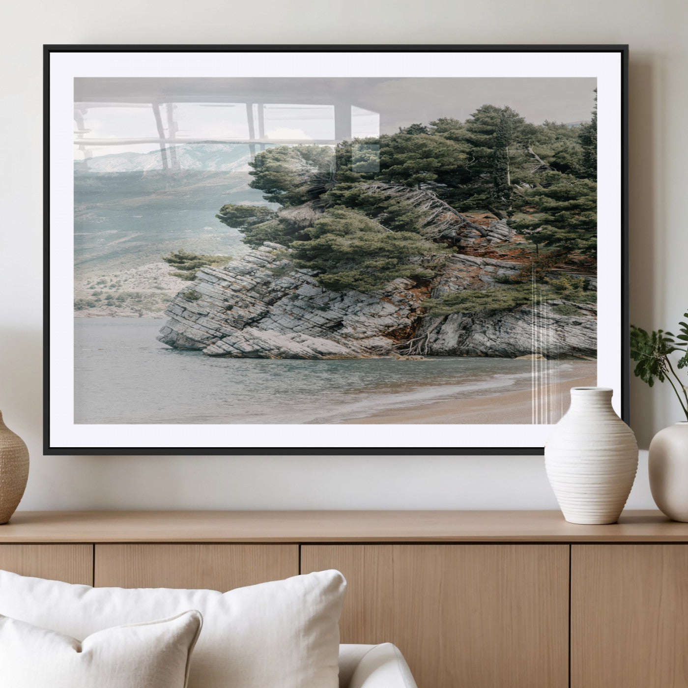 MGC-FP-36x24 - Coastal Rock Canvas Wall Art Print, Scenic Beach Landscape, Pine Trees on Rocky Cliff, Large Nature