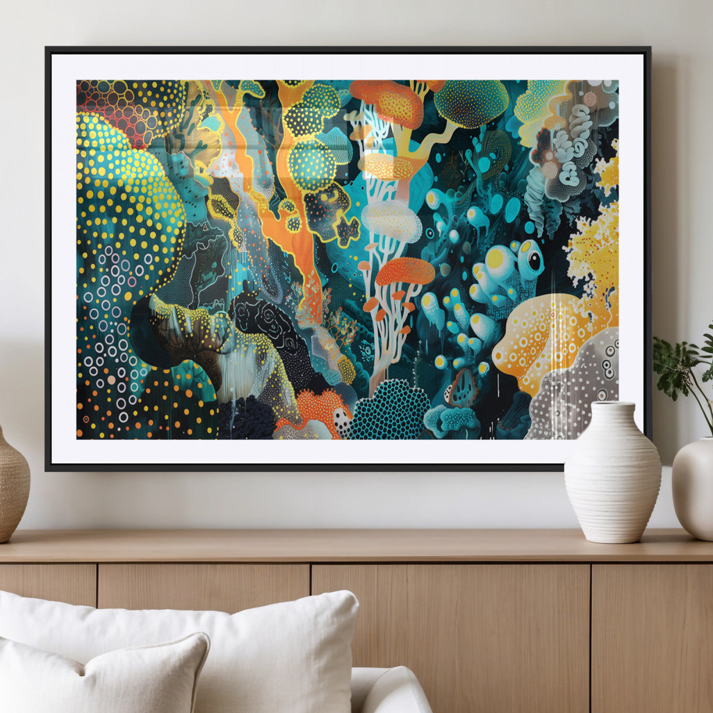 Colorful abstract coral reef scene featuring vibrant underwater plants, marine patterns, and fluid organic shapes – Wall Art Canvas Print.