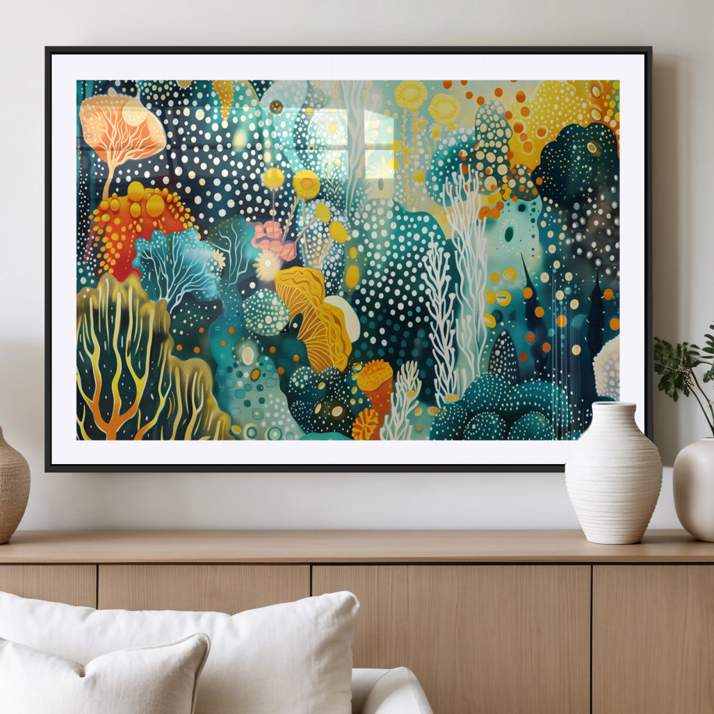 Abstract underwater coral reef illustration with vibrant colors, dotted textures, and stylized marine flora – Wall Art Canvas Print.