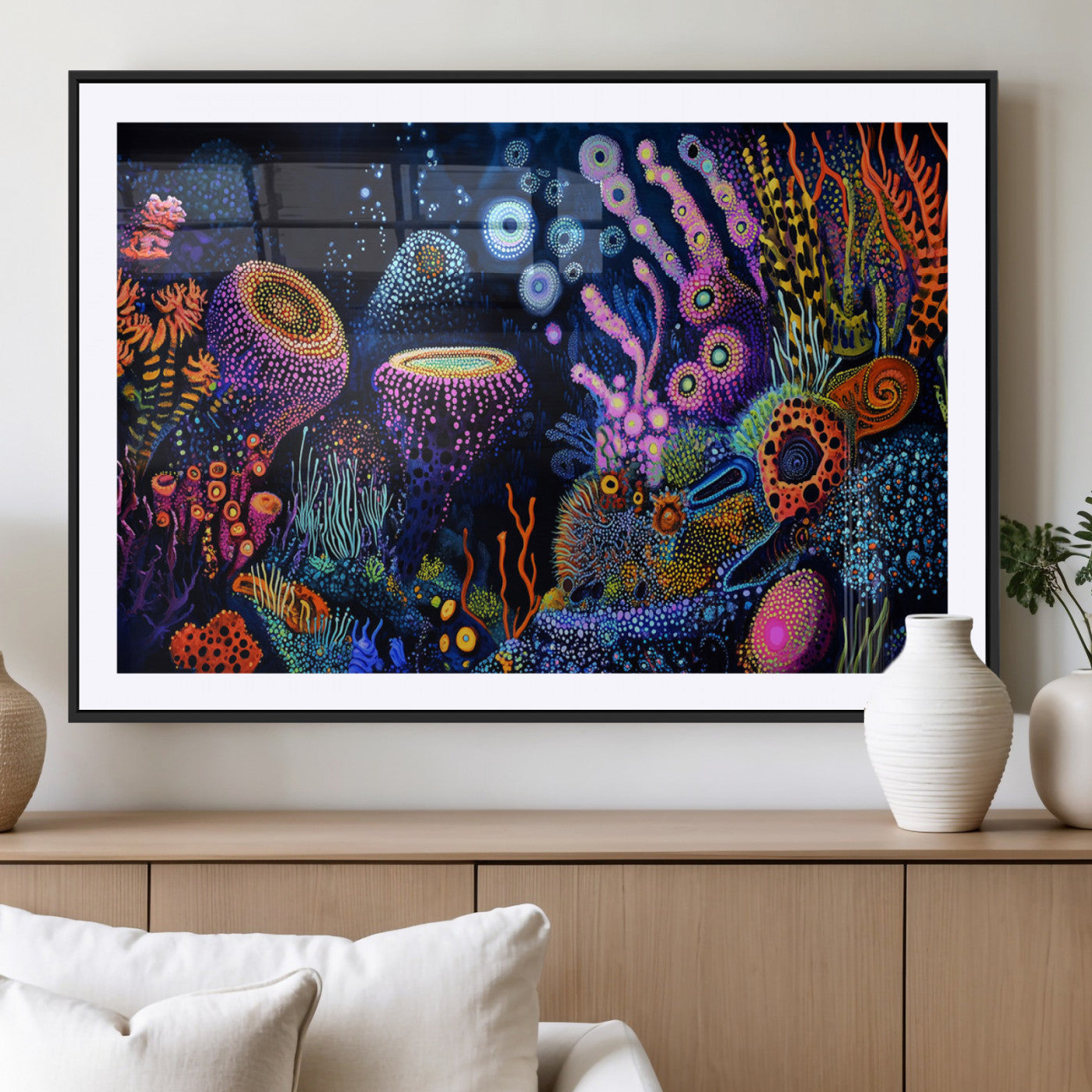 Vibrant and colorful abstract underwater coral reef artwork with diverse shapes and glowing patterns – Wall Art Canvas Print.