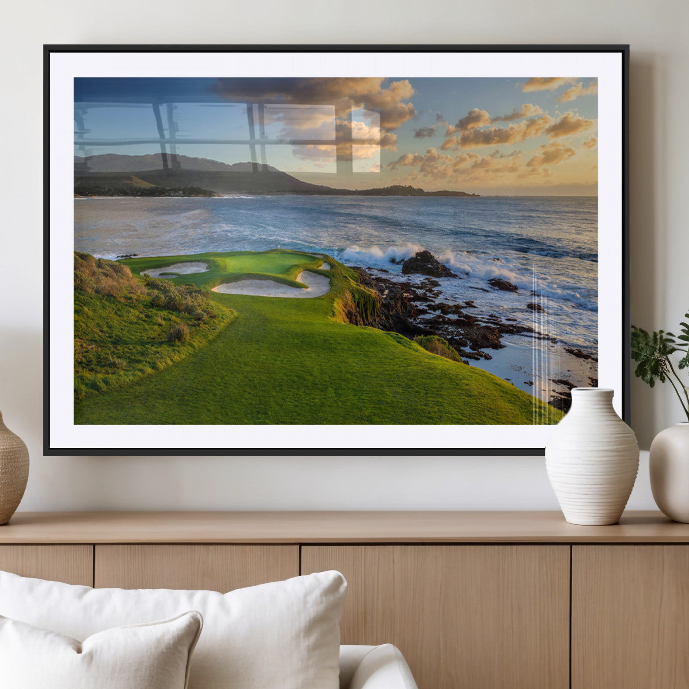 MGC-FP-36x24 - Stunning Coastal Golf Course at Sunset with Rolling Green Fairways and Ocean Waves – Perfect Wall
