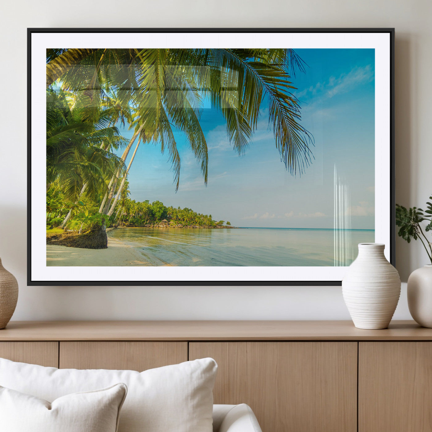MGC-FP-36x24 - Peaceful Tropical Beach with Palm Trees and Calm Blue Sea – Serene Coastal Wall Art Canvas Print for