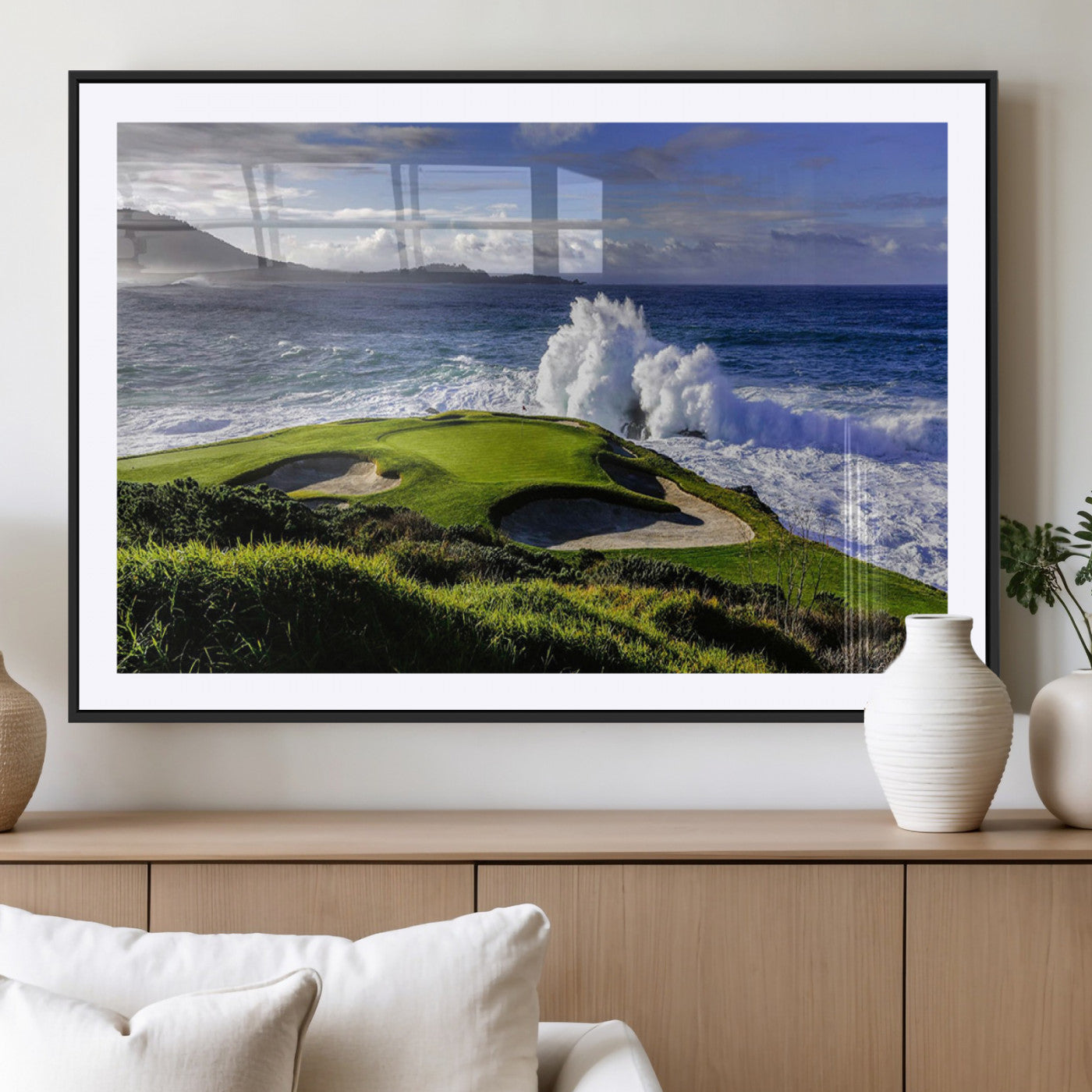 78508908-MGC-FP-40x30_Black-Dramatic Ocean Waves Crashing Against Rocky Coastline Near a Green Golf Course – Stunning Wall Art Canvas Print for Nature and Sports Lovers