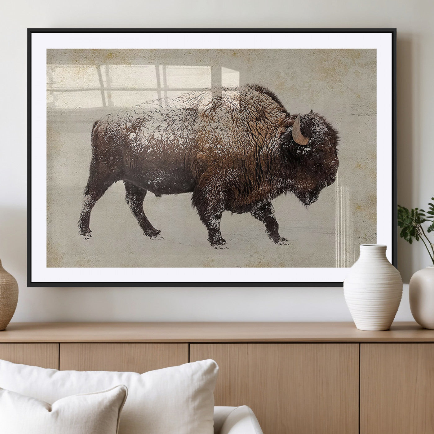 54810031-MGC-FP-40x30_Black-Snow-dusted bison silhouette textured vintage style rugged wildlife art with neutral tones perfect for rustic home decor Wall Art Canvas Print design