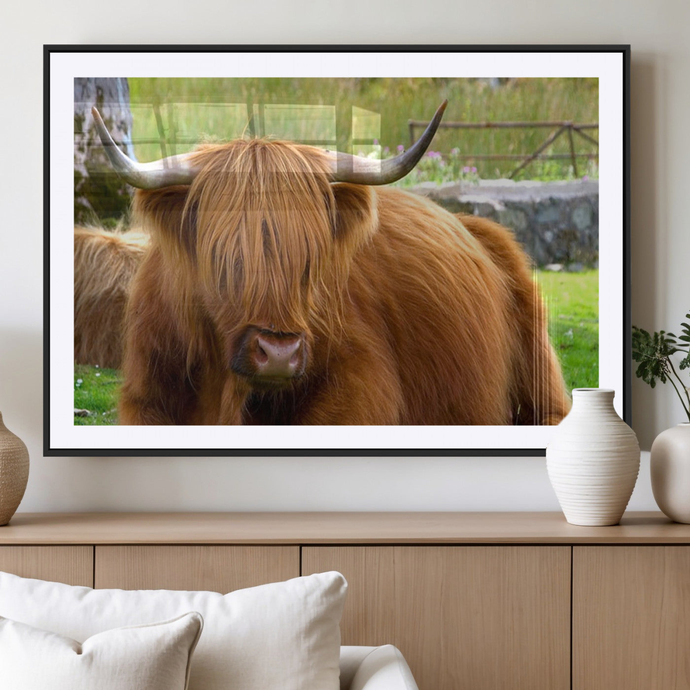 68411138-MGC-FP-40x30_Black-Highland Cow Long Hair Rustic Farm Animal Horns Green Pasture Natural Beauty Outdoor Wall Art Canvas Print