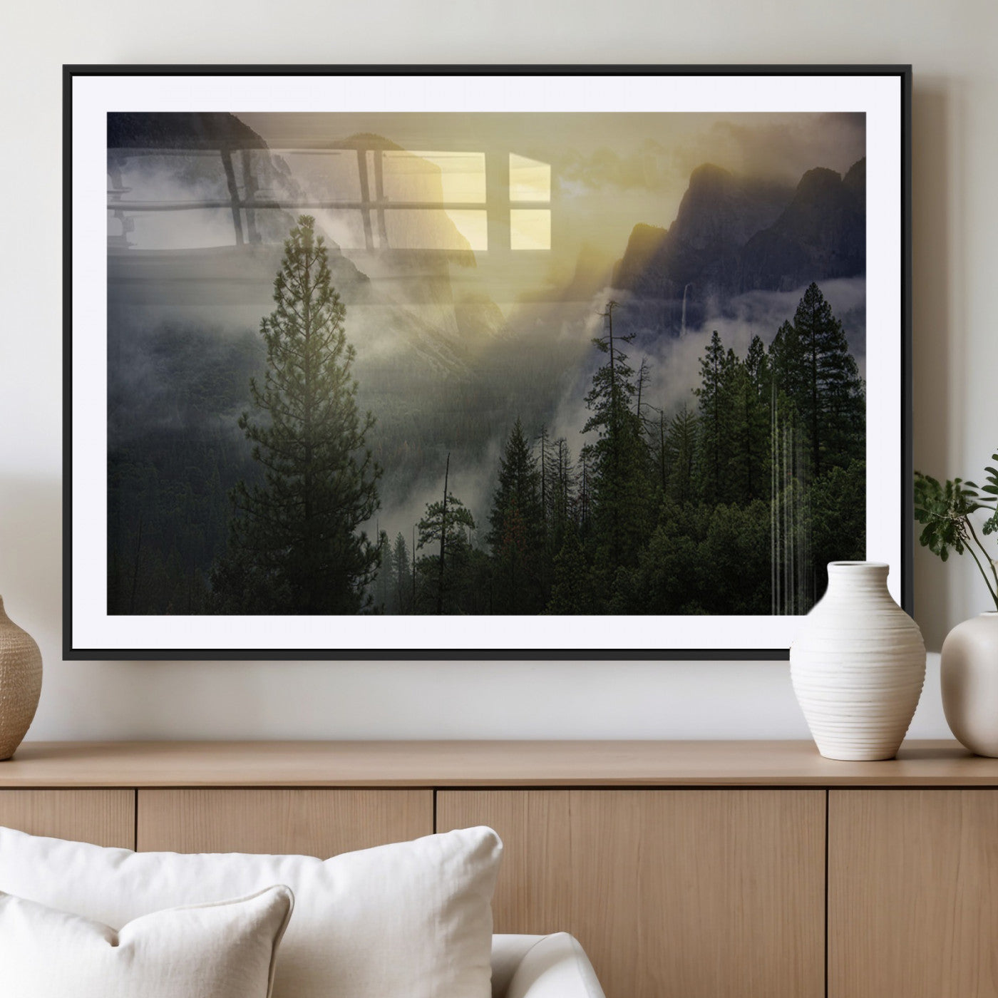 38316884-MGC-FP-40x30_Black-Misty Forest Sunrise Mountain Valley Pine Trees Foggy Landscape Nature Scenic Outdoors Calm Tranquil Wall Art Canvas Print