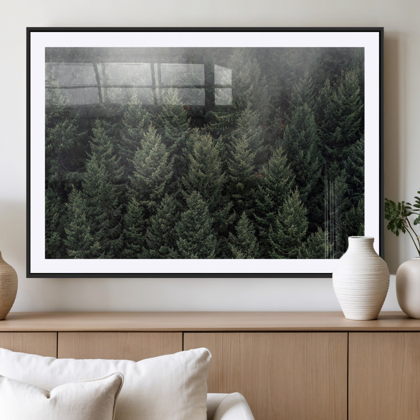 84059409-MGC-FP-40x30_Black-Dense Evergreen Forest Misty Morning Fog Pine Trees Woodland Nature Landscape Calm Peaceful Scenic Wall Art Canvas Print