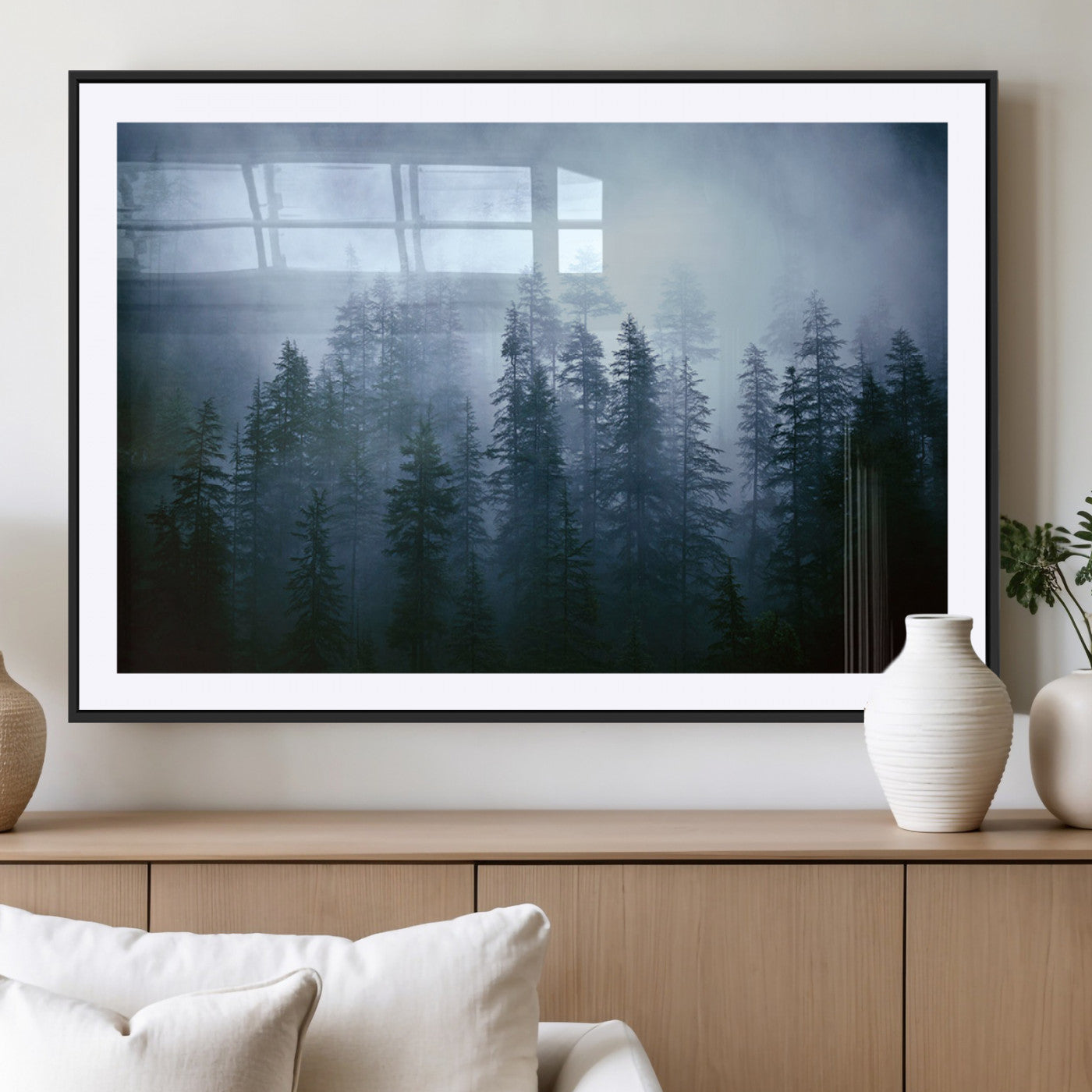 93439624-MGC-FP-40x30_Black-Foggy Evergreen Pines Mist Forest Blue Haze Moody Atmospheric Wilderness Nature Trees Scenic Tranquil Peaceful Landscape Wall Art Canvas Print