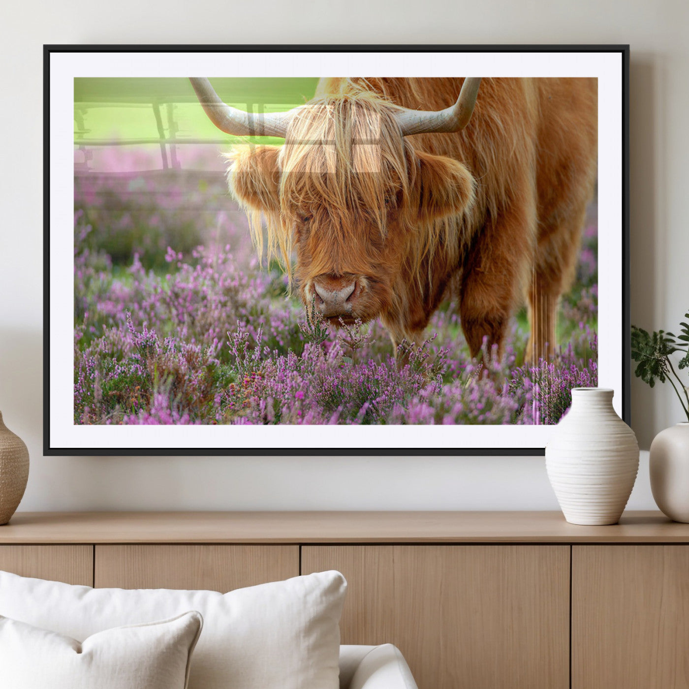 64069351-MGC-FP-40x30_Black-Highland Cow Purple Flowers Nature Pasture Scenic Wildlife Animal Grazing Meadow Calm Rustic Charm Outdoors Peace Wall Art Canvas Print