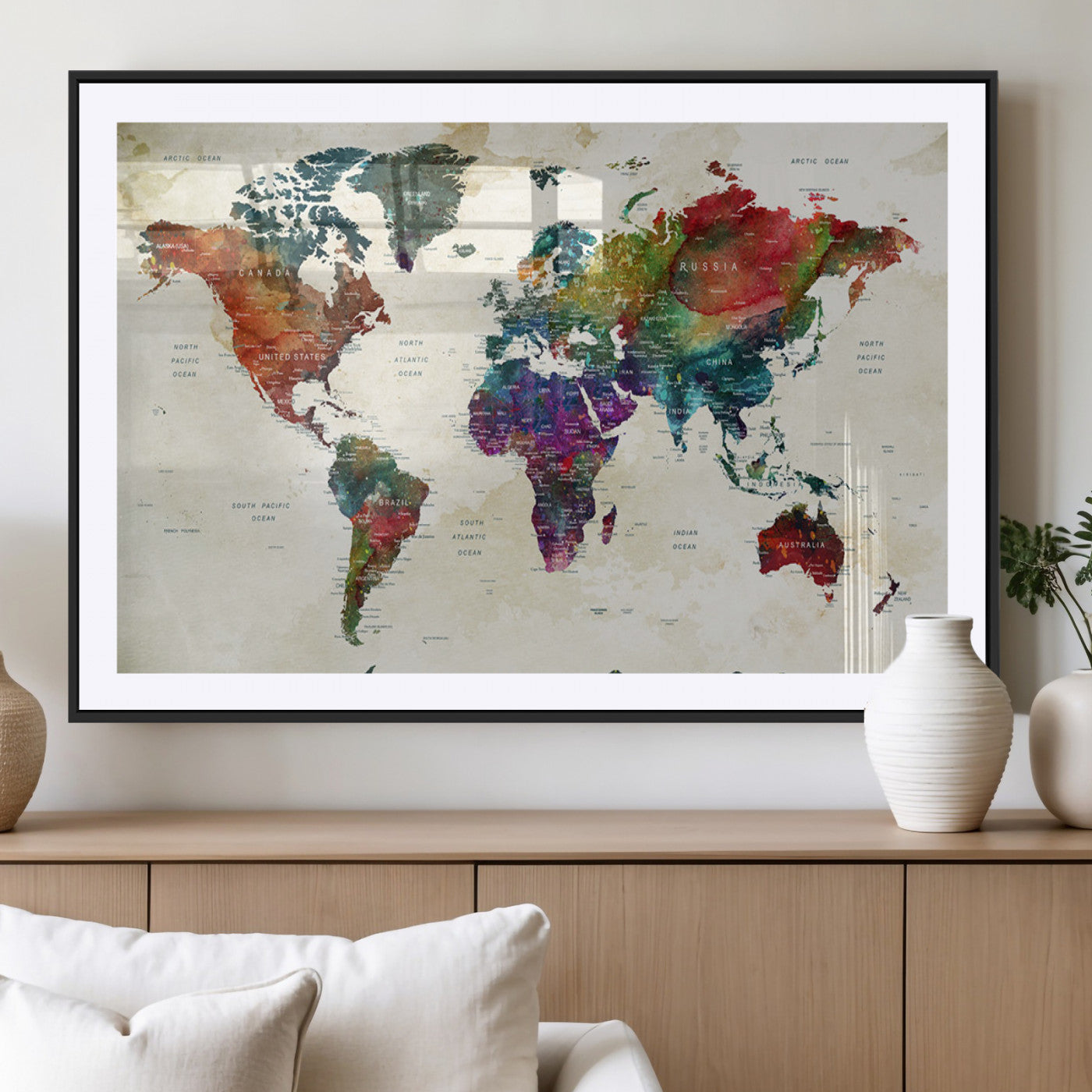Colorful watercolor world map with countries labeled, featuring rich, vibrant hues across continents on a vintage beige background, Wall Art Canvas Print style.