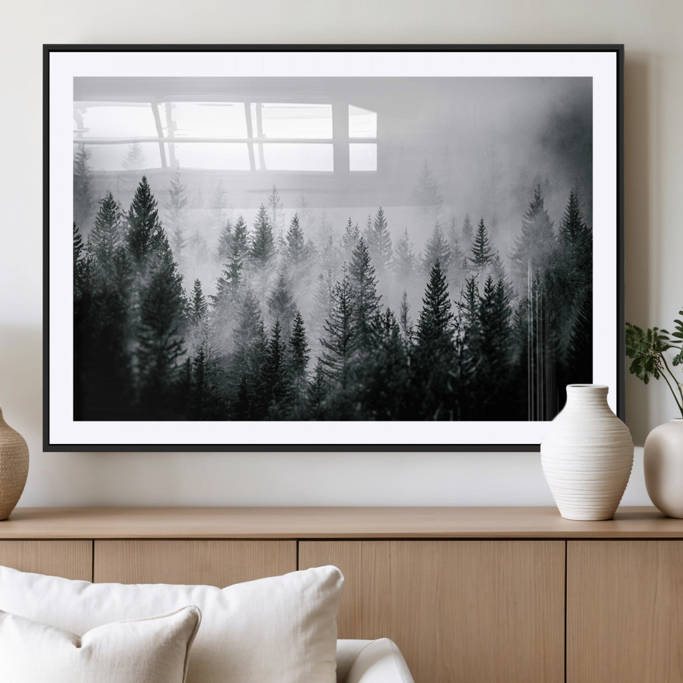 Horizontal black and white canvas wall art of foggy pine forest landscape for modern and rustic home decor
