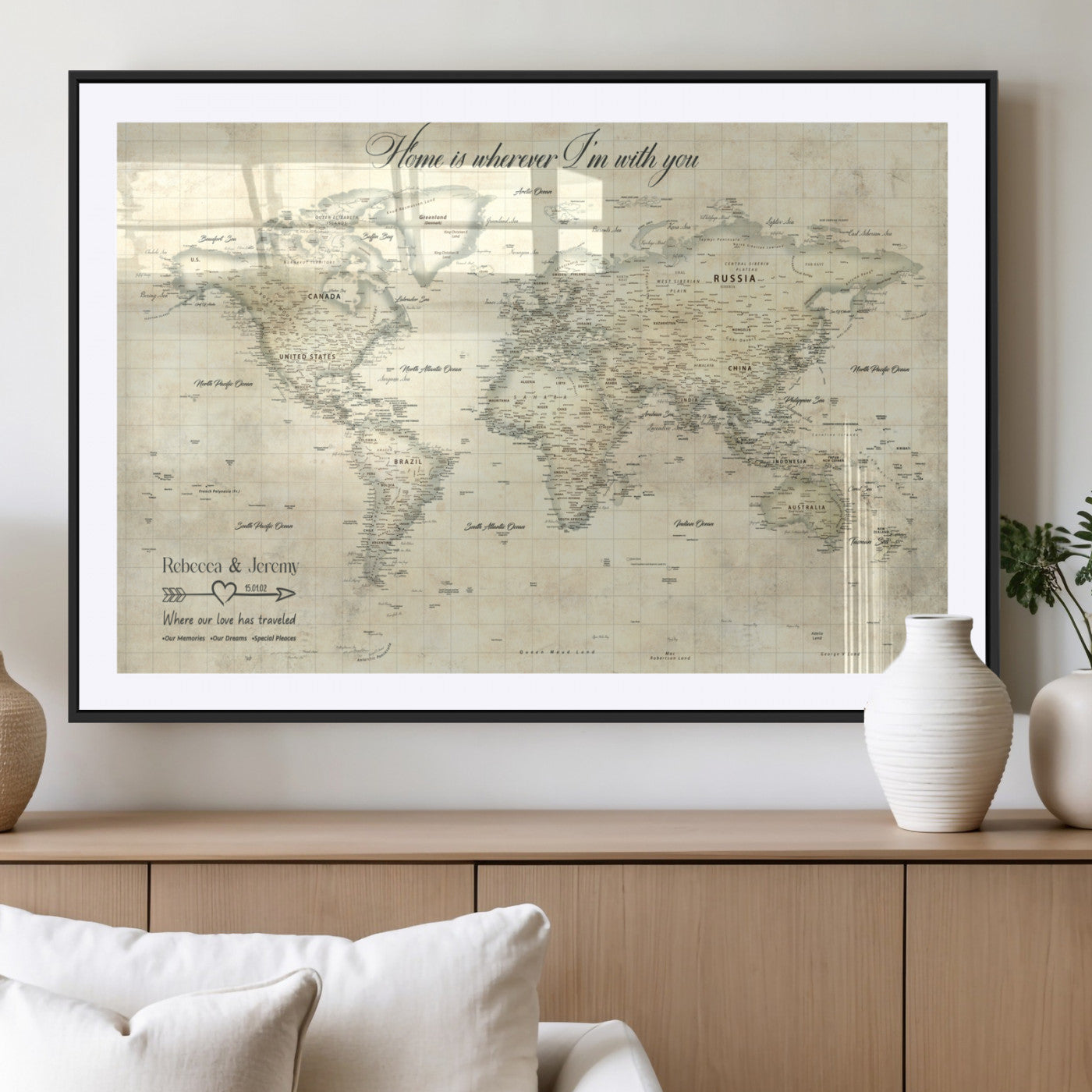 MGC-FP-36x24 - Personalized World Map Wall Art Canvas Print – Custom Push Pin Travel Map for Couples, Families, or Office Décor