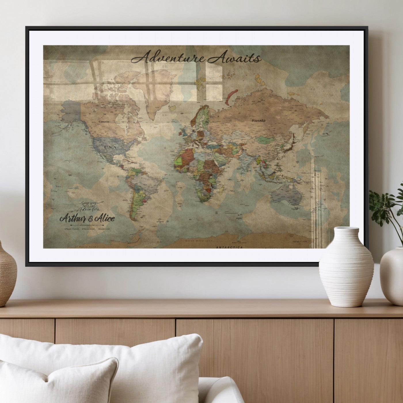 MGC-FP-36x24 - Personalized World Map Wall Art Canvas Print – Custom Push Pin Travel Map for Couples, Families, or Office Décor