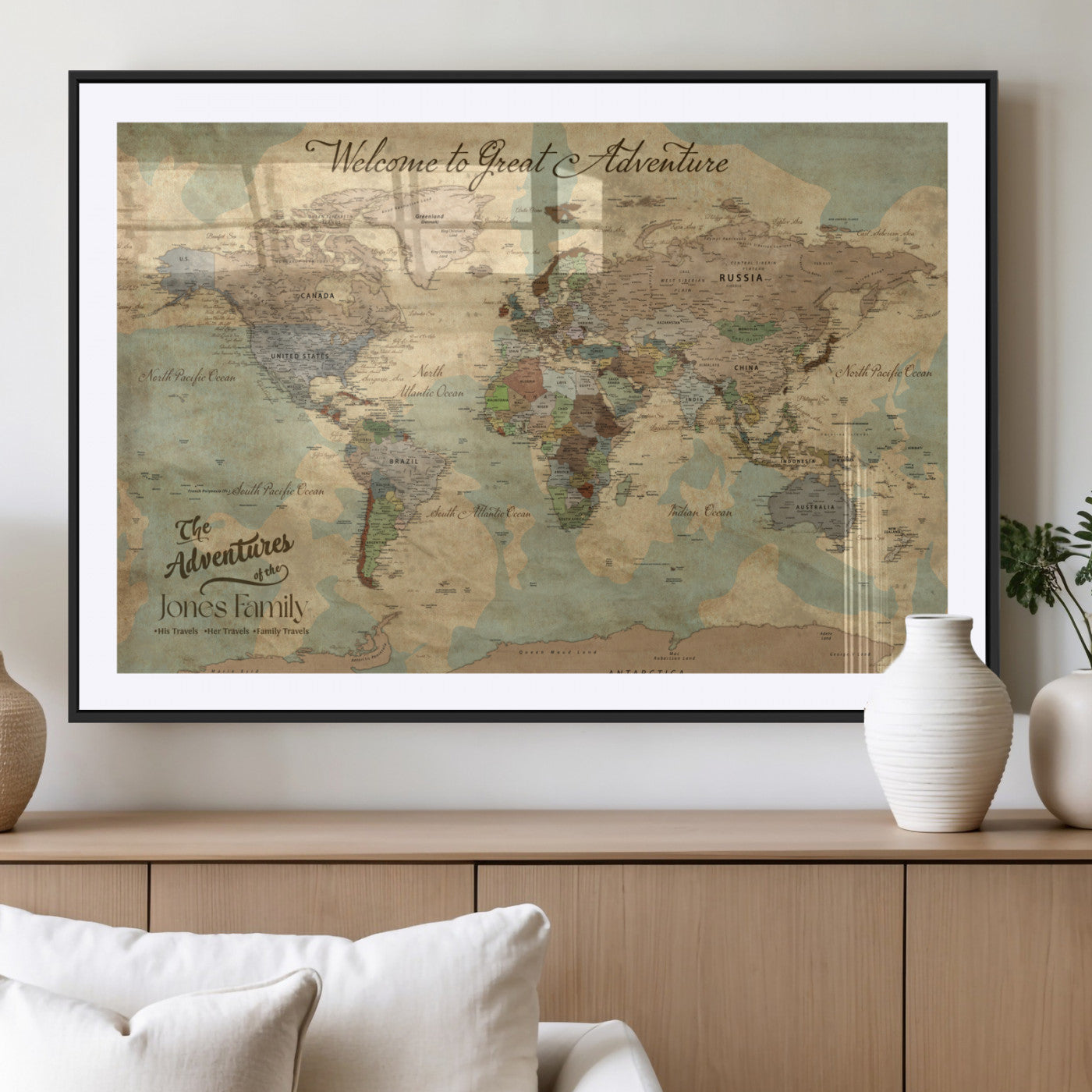 MGC-FP-36x24 - Personalized World Map Wall Art Canvas Print – Custom Push Pin Travel Map for Couples, Families, or Office Décor