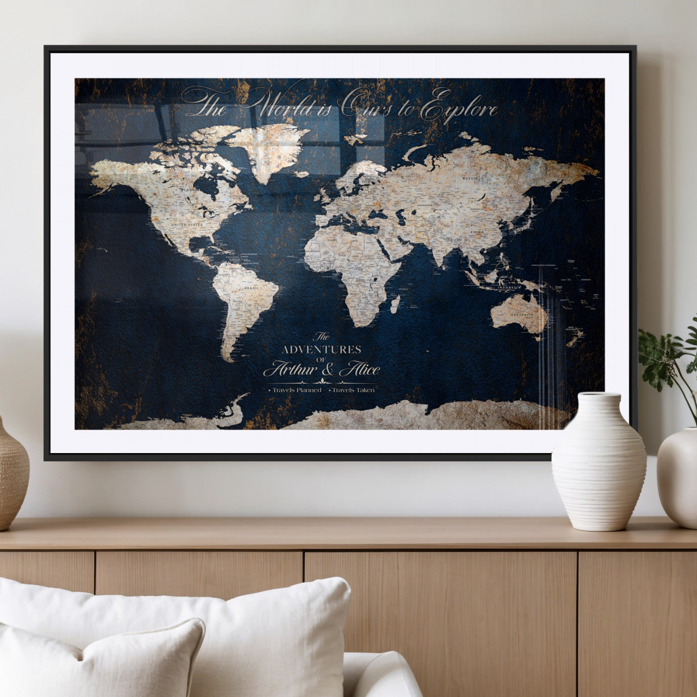 MGC-FP-36x24 - Personalized World Map Wall Art Canvas Print – Custom Push Pin Travel Map for Couples, Families, or Office Décor