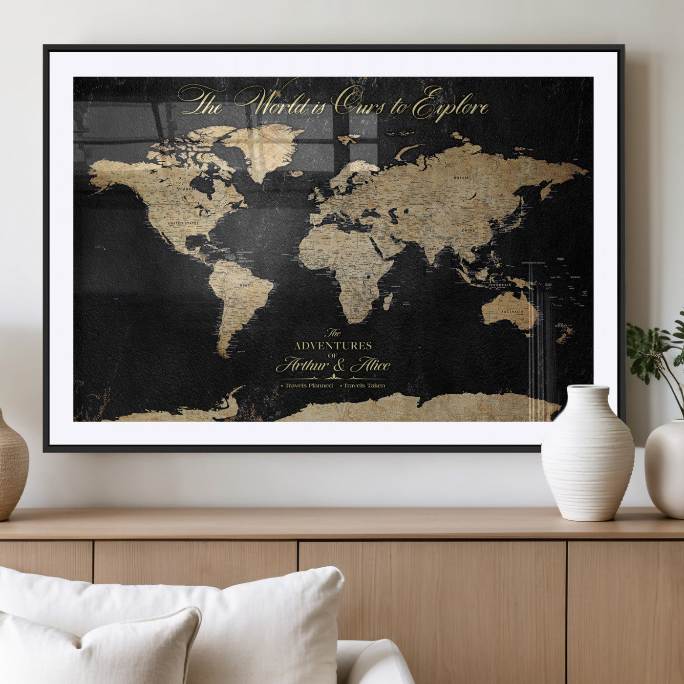 MGC-FP-36x24 - Personalized World Map Wall Art Canvas Print – Custom Push Pin Travel Map for Couples, Families, or Office Décor