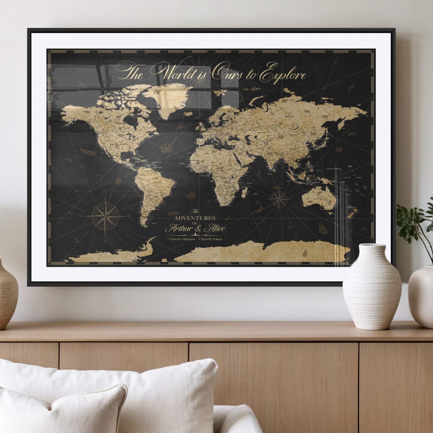 MGC-FP-36x24 - Personalized World Map Wall Art Canvas Print – Custom Push Pin Travel Map for Couples, Families, or Office Décor