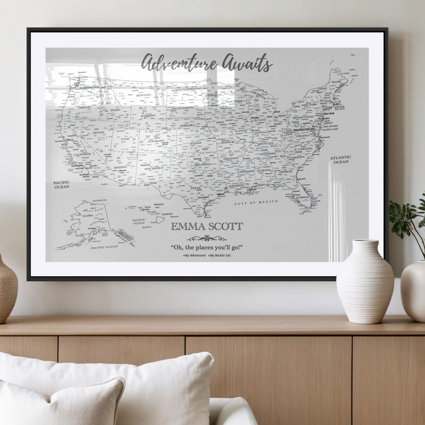 MGC-FP-36x24 - Personalized US Map Wall Art Canvas Print – Custom Push Pin Travel United States US Map for Couples, Families, or Office Décor