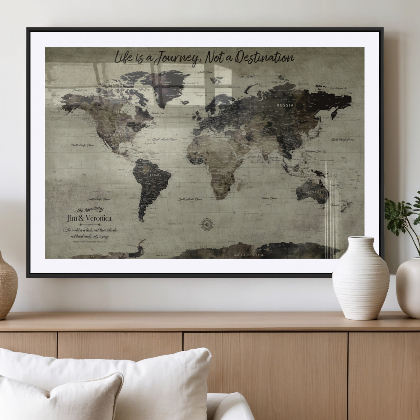 MGC-FP-36x24 - Personalized World Map Wall Art Canvas Print – Custom Push Pin Travel Map for Couples, Families, or Office Décor