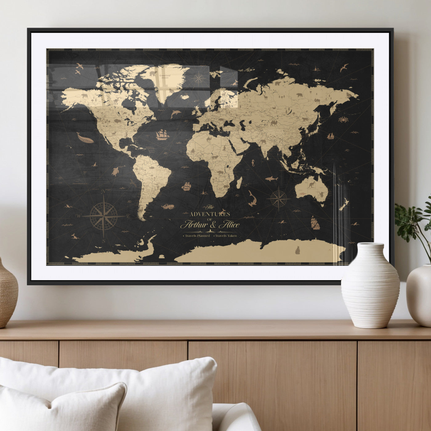 MGC-FP-36x24 - Personalized World Map Wall Art Canvas Print – Custom Push Pin Travel Map for Couples, Families, or Office Décor