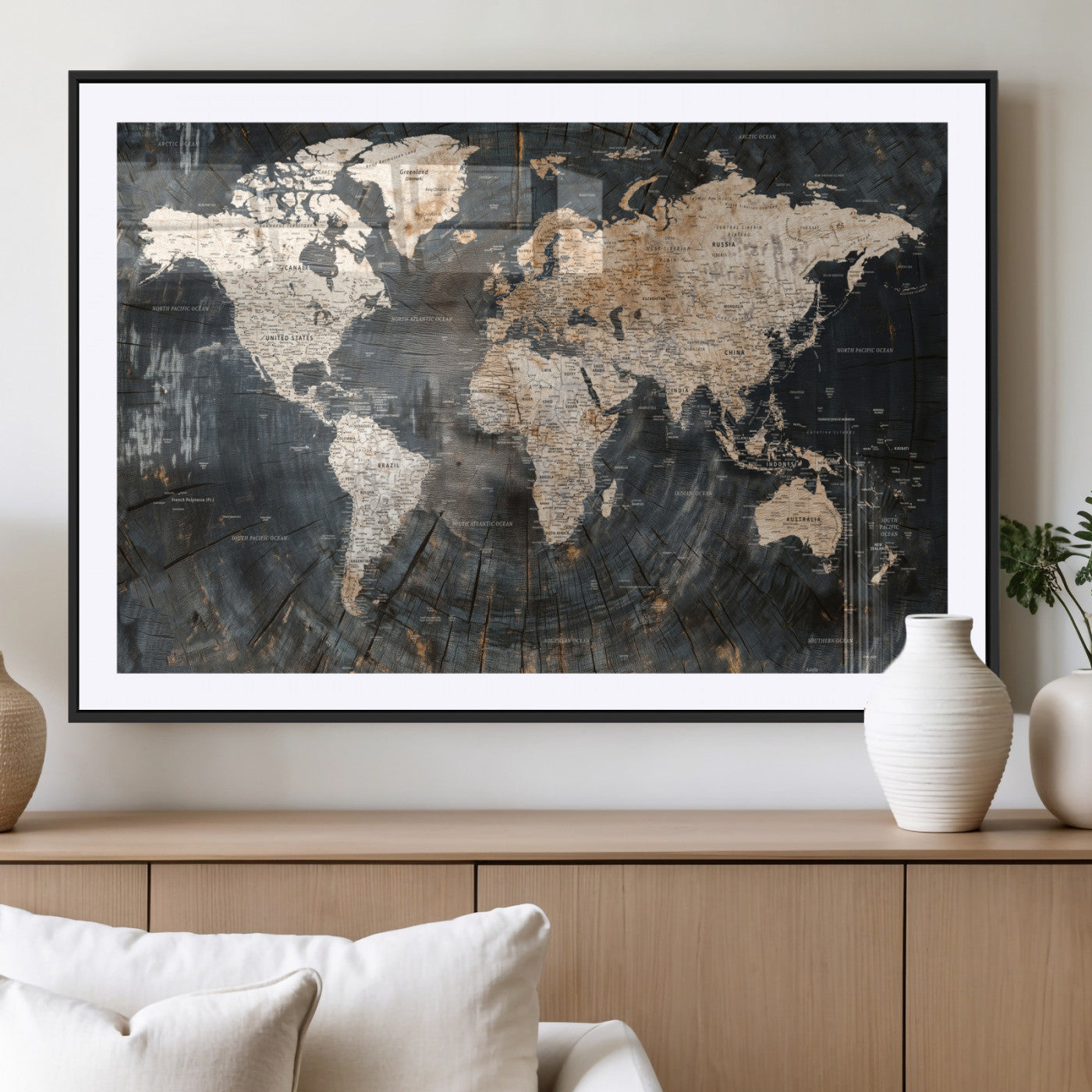 57626704-MGC-FP-36x24 - World Map Wall Art Canvas Print, Modern Decorative Framed Map Artwork Prints for Living Room, Office, Bedroom Wall Decor