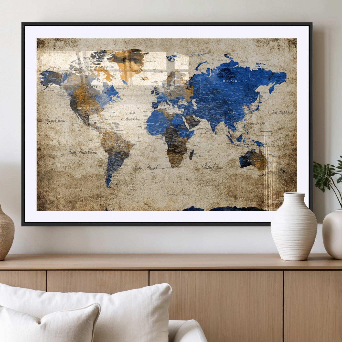 13564339-MGC-FP-36x24 - World Map Wall Art Canvas Print, Modern Decorative Framed Map Artwork Prints for Living Room, Office, Bedroom Wall Decor