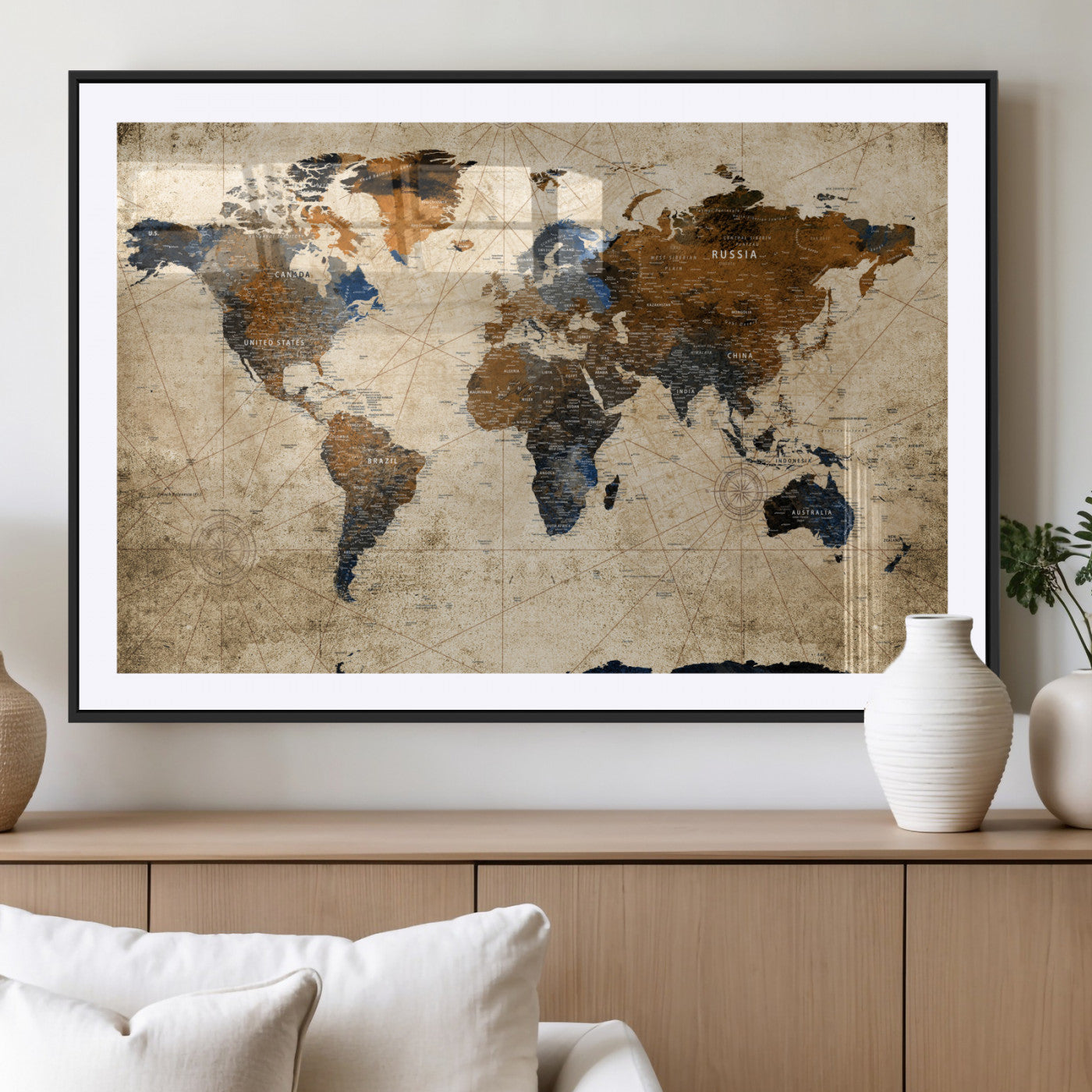 56297284-MGC-FP-36x24 - World Map Wall Art Canvas Print, Modern Decorative Framed Map Artwork Prints for Living Room, Office, Bedroom Wall Decor