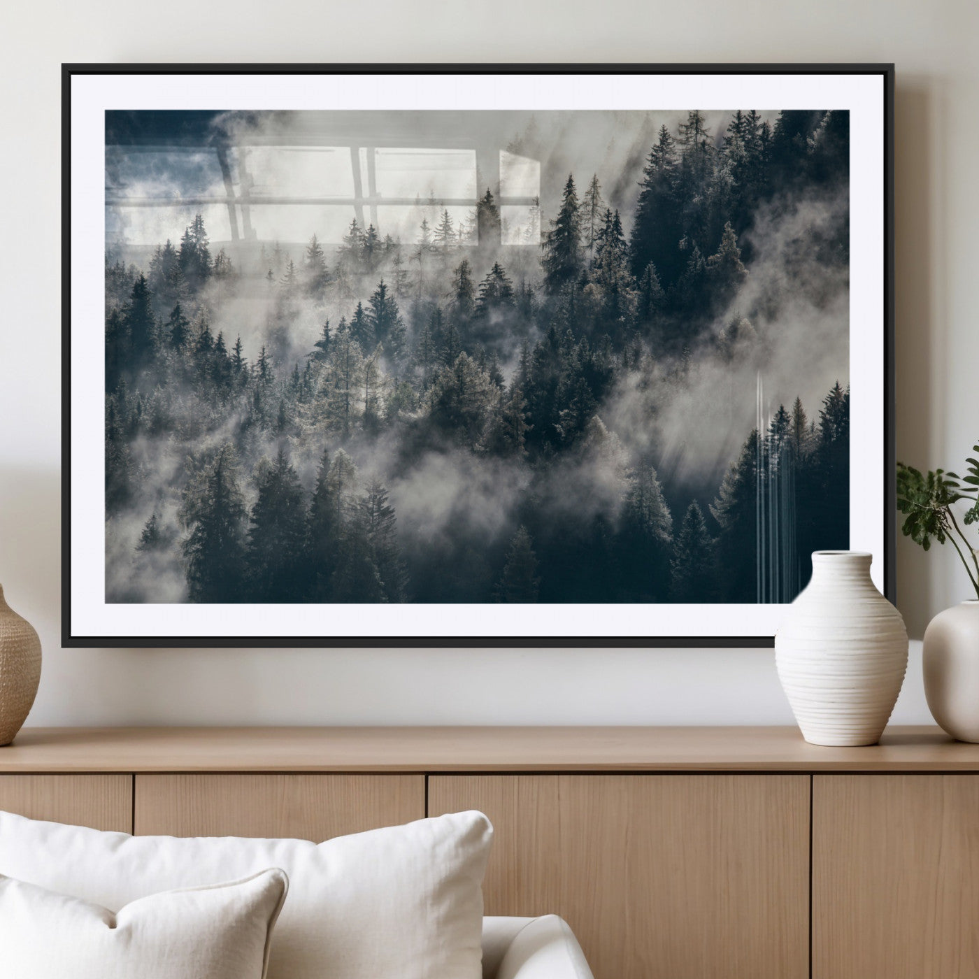 270372951-MGC-FP-36x24 - Misty Pine Forest Canvas Wall Art – Dark Forest Mountaing and Nature Landscape Print, Horizontal Canvas Print