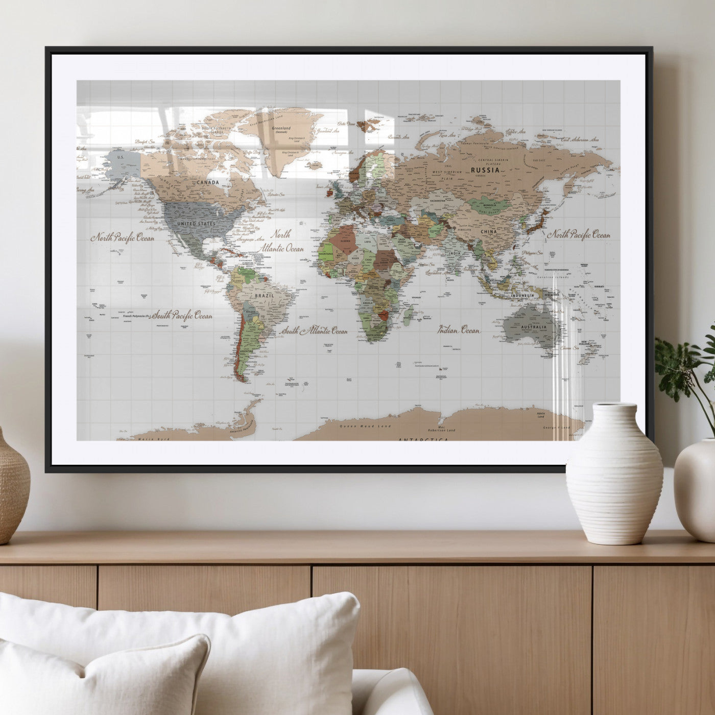 91286788-MGV-CV-36X24 - World Map Wall Art Canvas Print, Modern Decorative Framed Map Artwork Prints for Living Room, Office, Bedroom Wall Decor