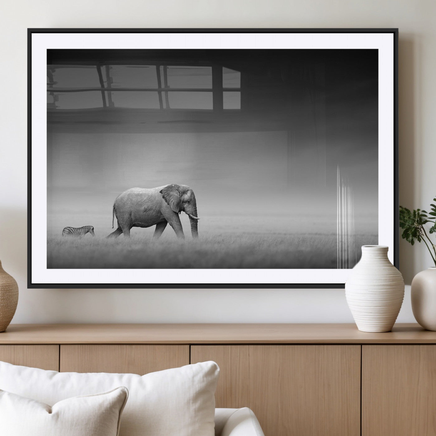 MGC-FP-36x24 - Elephand and Zebra Wall Art Canvas Print, Modern Artwork
