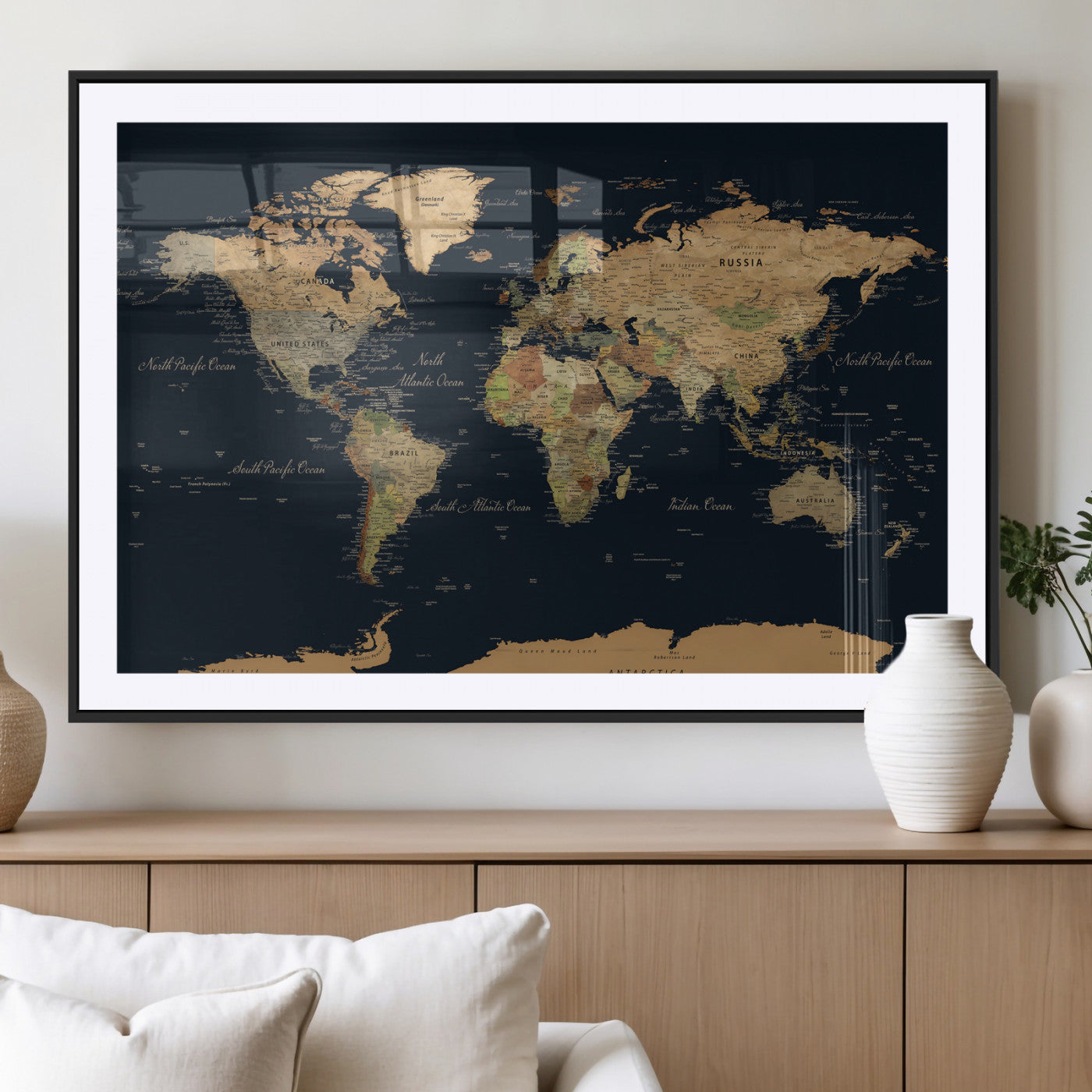 94449133-MGV-CV-36X24 - World Map Wall Art Canvas Print, Modern Decorative Framed Map Artwork Prints for Living Room, Office, Bedroom Wall Decor